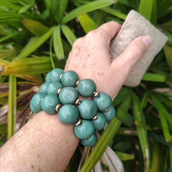 New! Chunky Beaded Stretch Bracelet Set (3) – Green Statement Jewelry - Picture 7 of 8